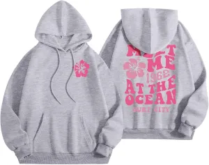 Women's Plain Basics Hoodies Oversized Brushed Letters Loose Fit Hooded Sweatshirts Long Sleeves Pockets