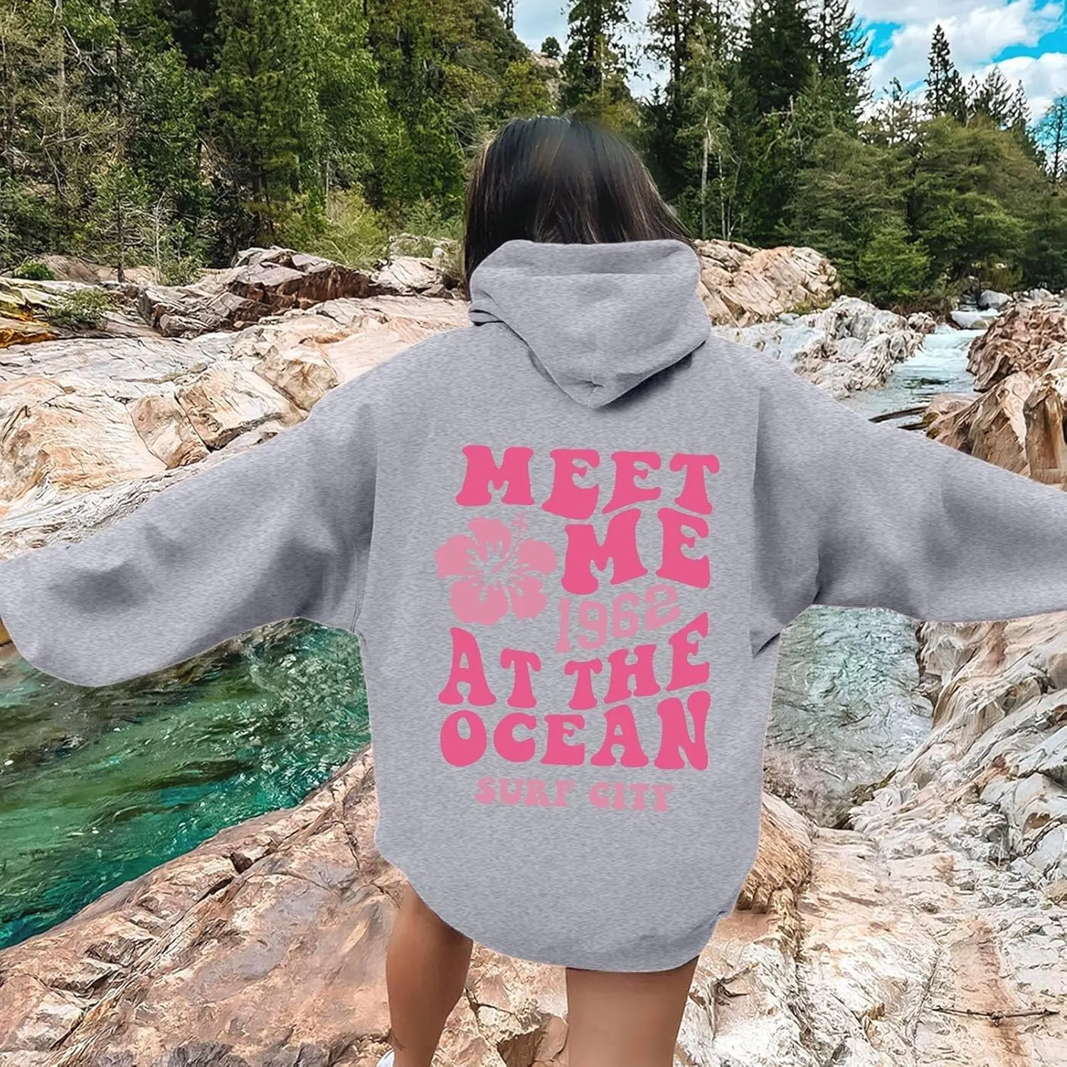 Women's Plain Basics Hoodies Oversized Brushed Letters Loose Fit Hooded Sweatshirts Long Sleeves Pockets