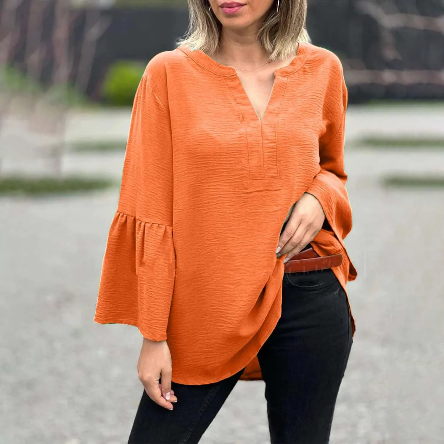 Women's Solid Color V Neck Casual Fashion Flared Sleeve Midi Dress Dress Women
