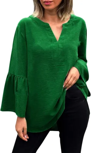 Women's Solid Color V Neck Casual Fashion Flared Sleeve Midi Dress Dress Women