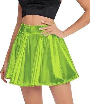 Women's Solid Shiny Flared Pleated Mini Skirt Sexy Costume Party Skirt Short Sexy Skirts