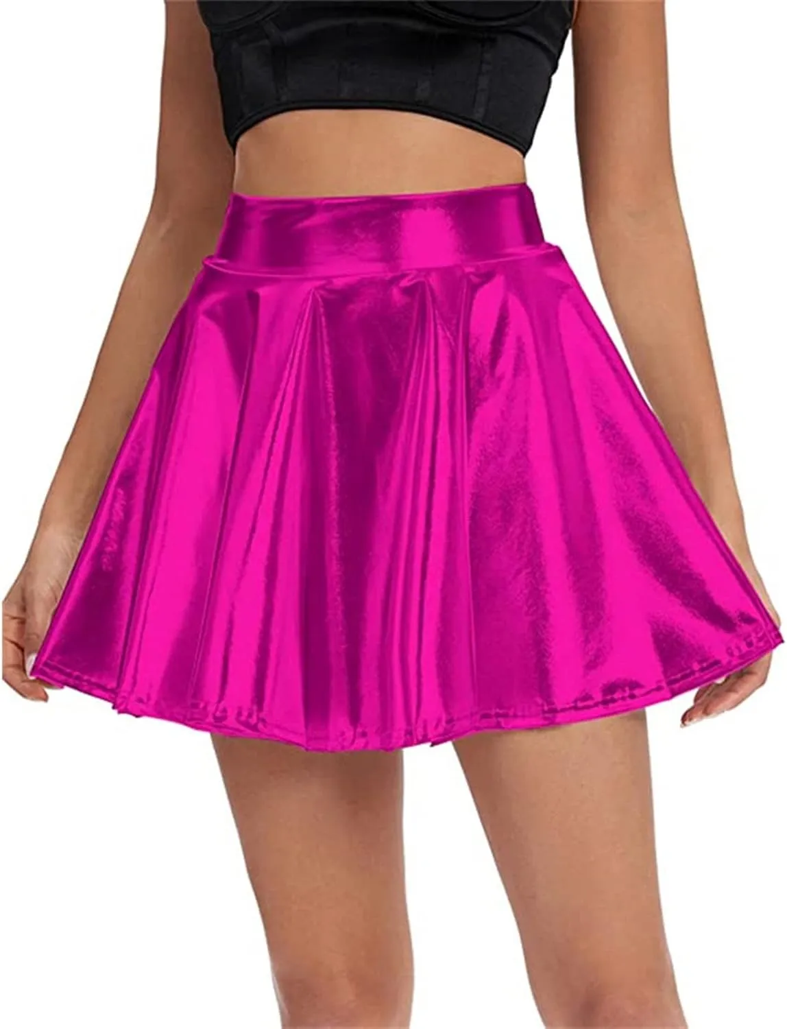 Women's Solid Shiny Flared Pleated Mini Skirt Sexy Costume Party Skirt Short Sexy Skirts