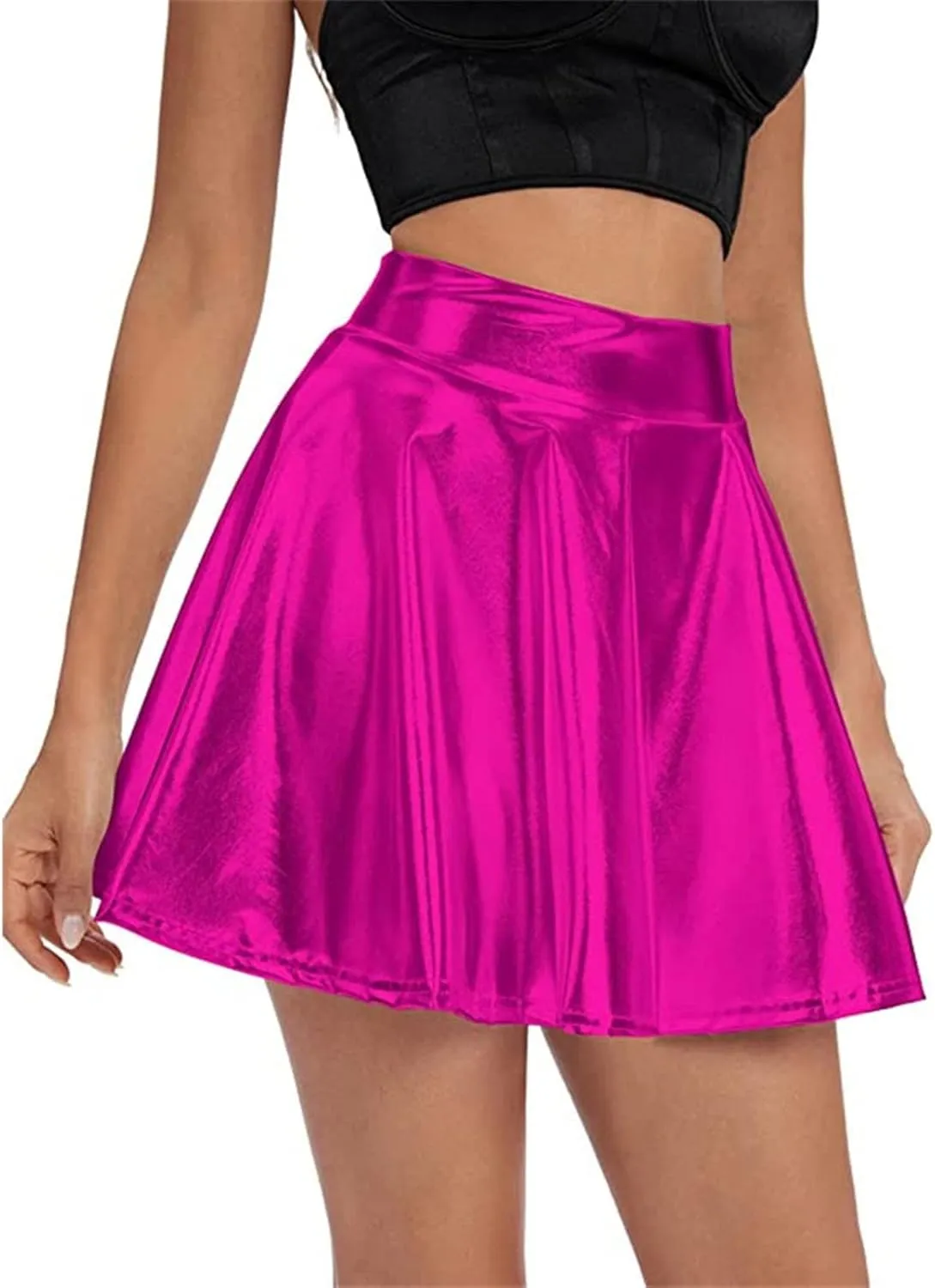 Women's Solid Shiny Flared Pleated Mini Skirt Sexy Costume Party Skirt Short Sexy Skirts
