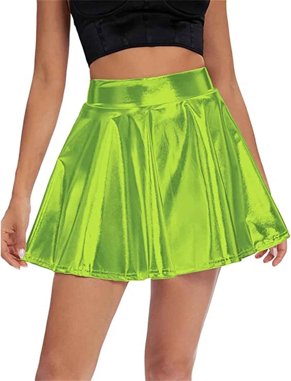 Women's Solid Shiny Flared Pleated Mini Skirt Sexy Costume Party Skirt Short Sexy Skirts