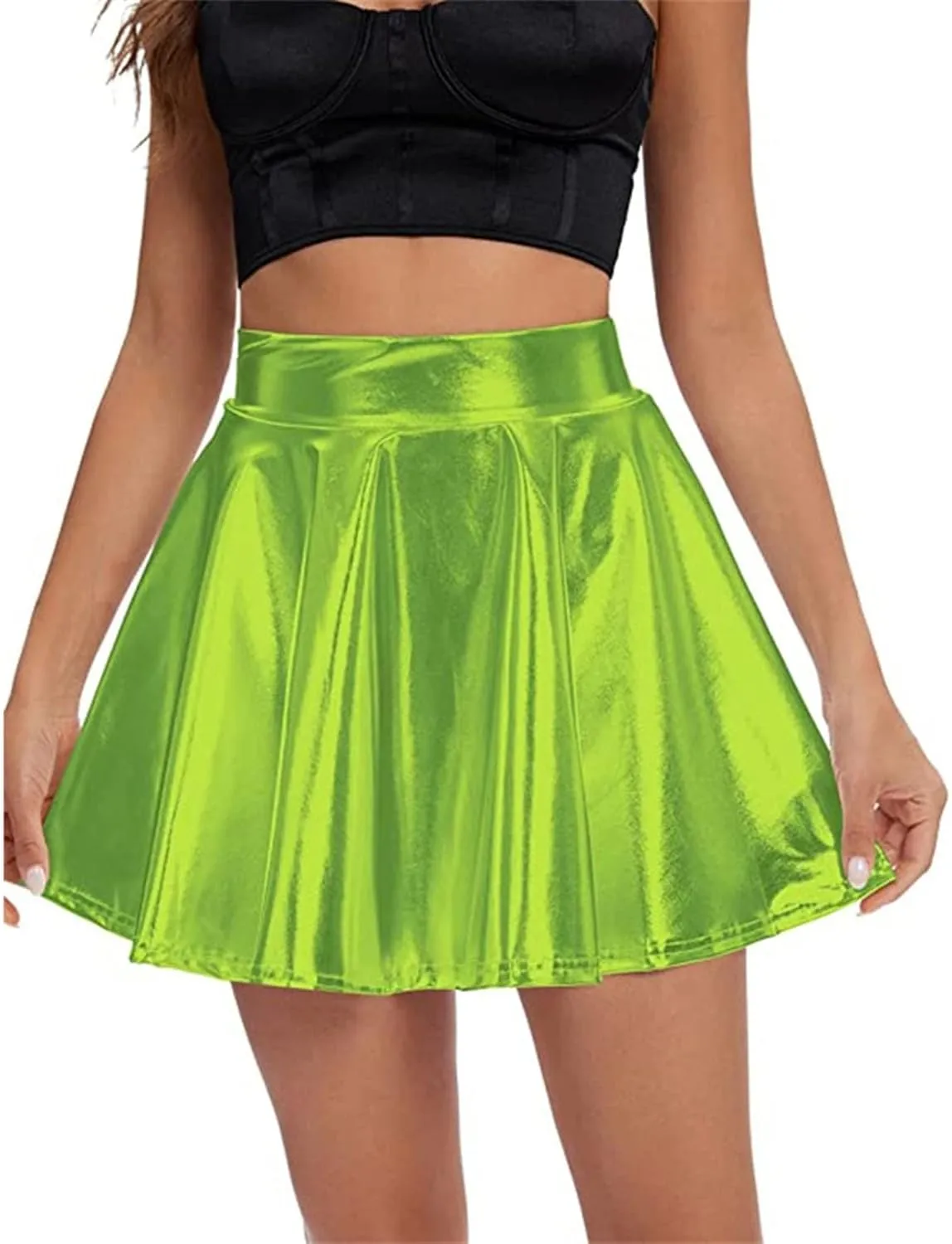 Women's Solid Shiny Flared Pleated Mini Skirt Sexy Costume Party Skirt Short Sexy Skirts