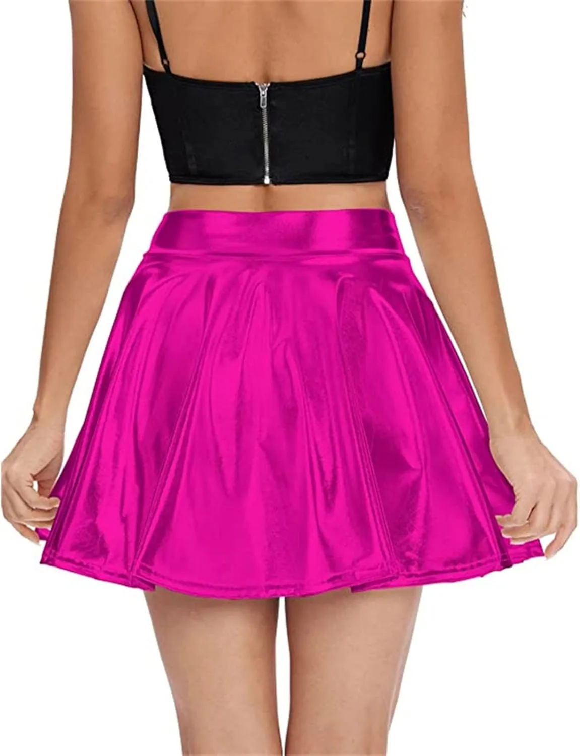 Women's Solid Shiny Flared Pleated Mini Skirt Sexy Costume Party Skirt Short Sexy Skirts