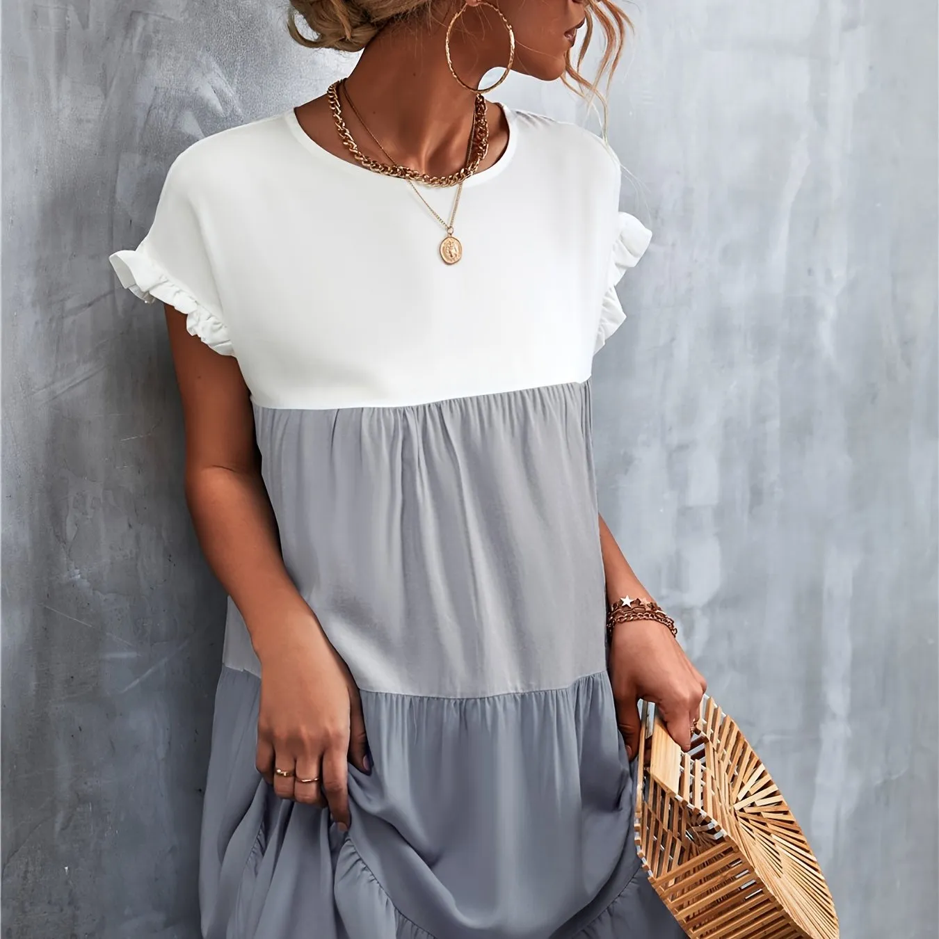 Women's Summer Dress Sleeveless Ruffle Sleeve Round Neck Mini Dress Color Block Loose Short Flowy Pleated Dress