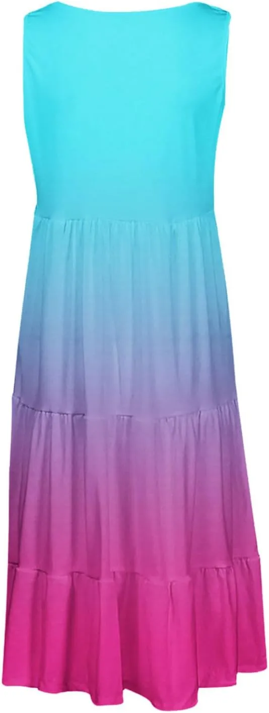 Womens Summer Dresses 2024 Trendy Tropical Casual Sleeveless Gradient Color Dress Loose Pleated Comfy Beach Sundress