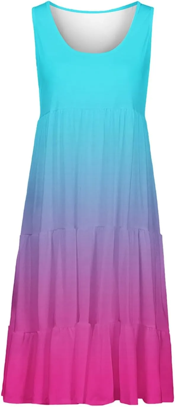 Womens Summer Dresses 2024 Trendy Tropical Casual Sleeveless Gradient Color Dress Loose Pleated Comfy Beach Sundress