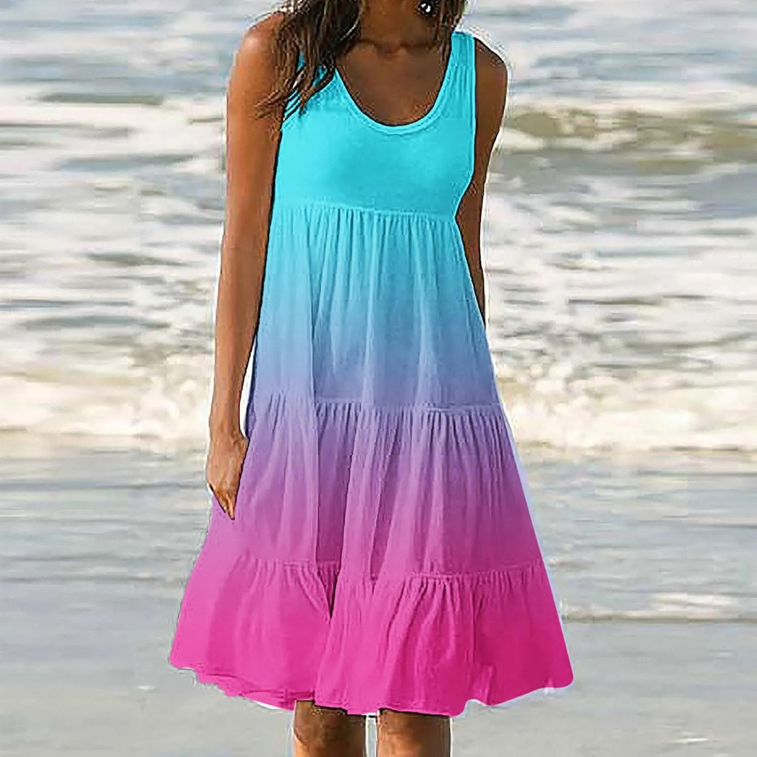 Womens Summer Dresses 2024 Trendy Tropical Casual Sleeveless Gradient Color Dress Loose Pleated Comfy Beach Sundress