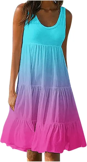 Womens Summer Dresses 2024 Trendy Tropical Casual Sleeveless Gradient Color Dress Loose Pleated Comfy Beach Sundress