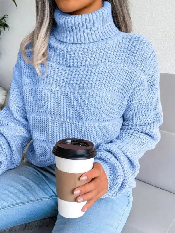 Women’s Turtleneck Drop Shoulder Sleeves Cutout Casual Sweater