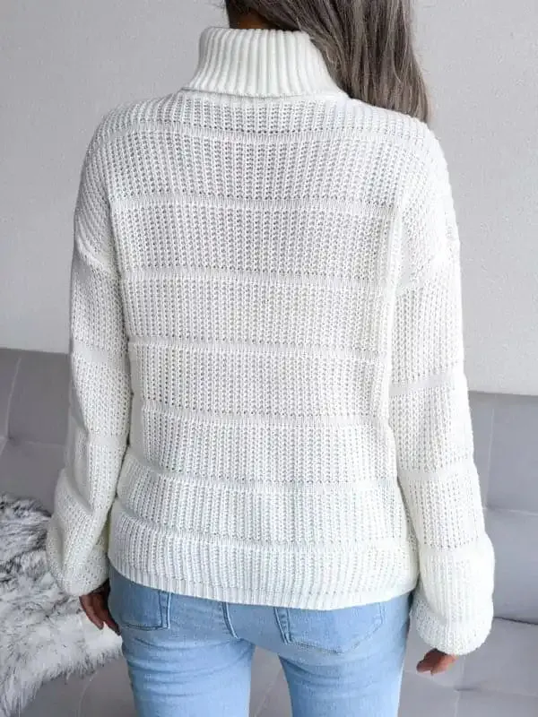 Women’s Turtleneck Drop Shoulder Sleeves Cutout Casual Sweater