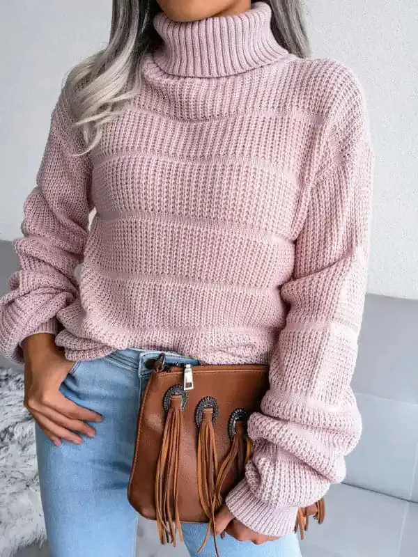 Women’s Turtleneck Drop Shoulder Sleeves Cutout Casual Sweater