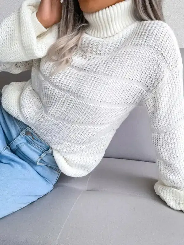 Women’s Turtleneck Drop Shoulder Sleeves Cutout Casual Sweater