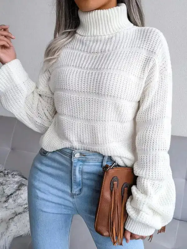 Women’s Turtleneck Drop Shoulder Sleeves Cutout Casual Sweater